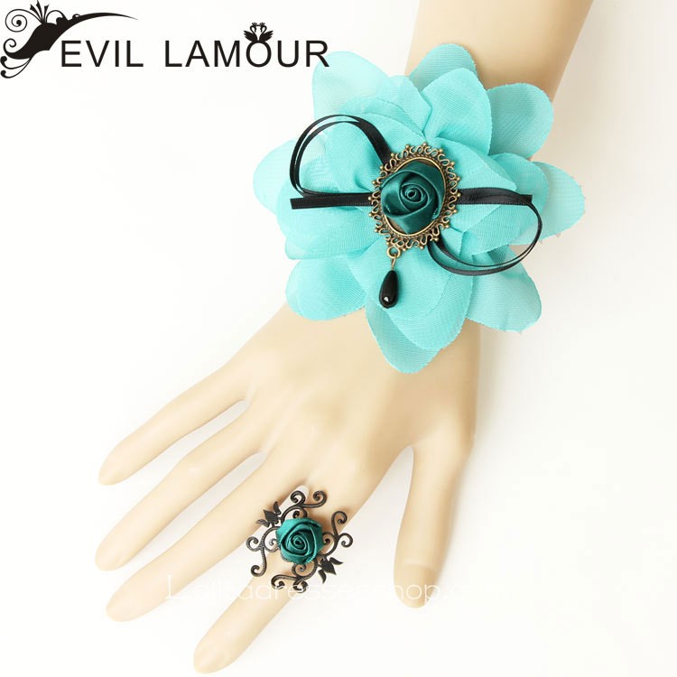 Black Flannelette Green Flower Lolita Bracelet