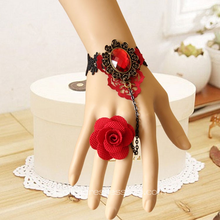 Black Lace Red Flower and Diamond Lolita Bracelet