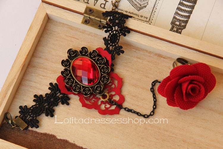 Black Lace Red Flower and Diamond Lolita Bracelet