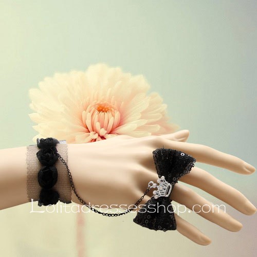 Black Flowers and Bowknot Lace Lolita Bracelet