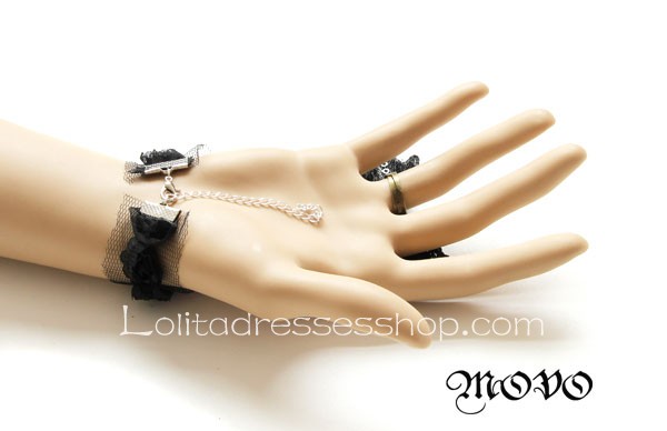 Black Flowers and Bowknot Lace Lolita Bracelet