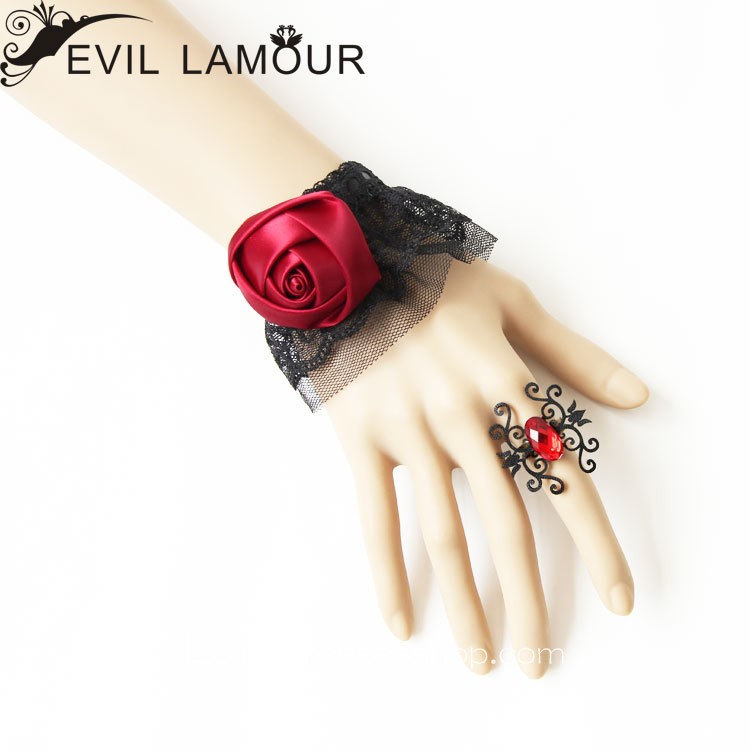 Black Lace Red Flower Lolita Bracelet