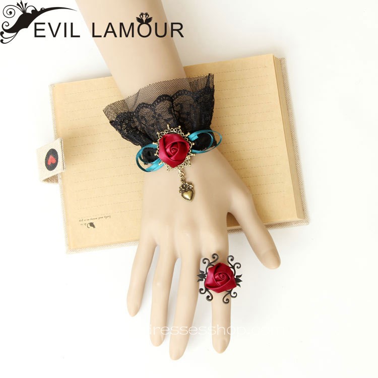 Black Lace Red Flower Lolita Bracelet