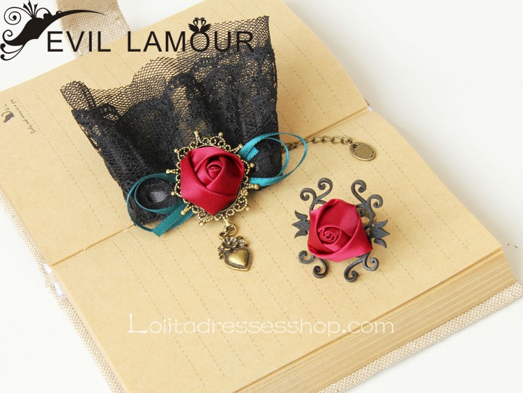 Black Lace Red Flower Lolita Bracelet