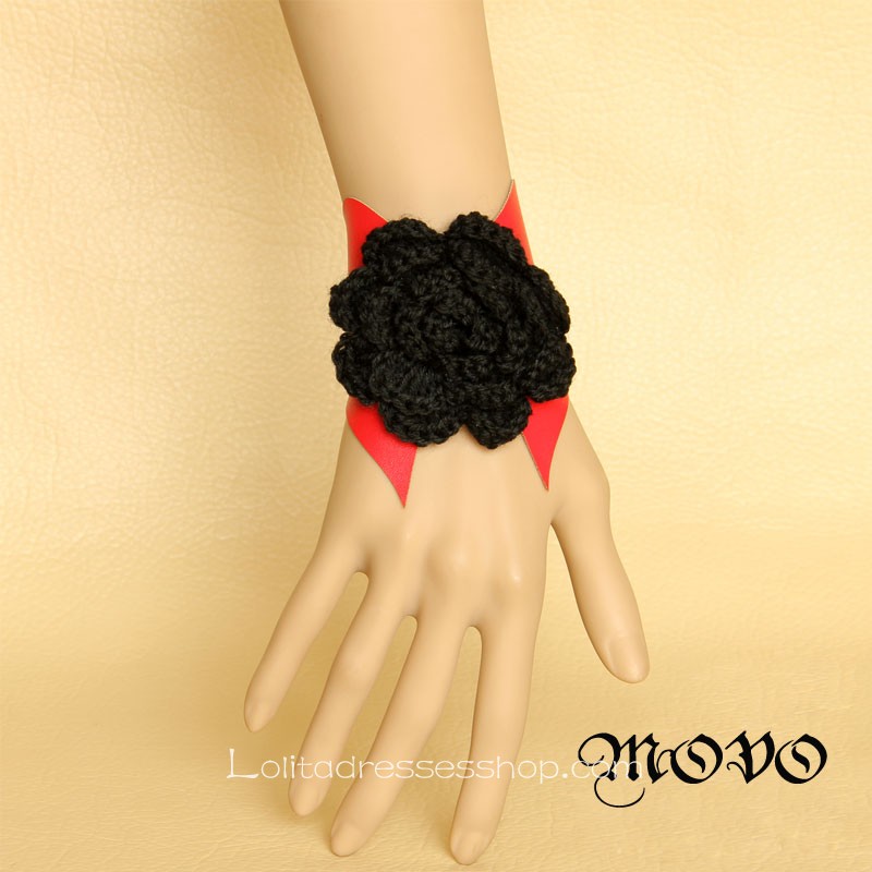Red Leather and Black Flower Lolita Bracelet