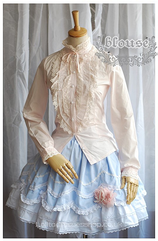 Pink Stand Collar Long Sleeve Bowknot and Lace Trim Princess Lol