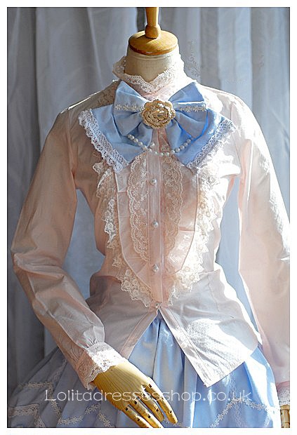 Pink Stand Collar Long Sleeve Bowknot and Lace Trim Princess Lol