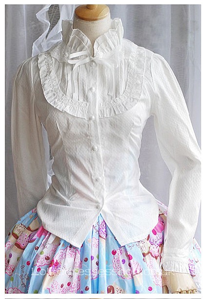 White Stand Collar Long Sleeve Ruffle Princess Lolita Blouse