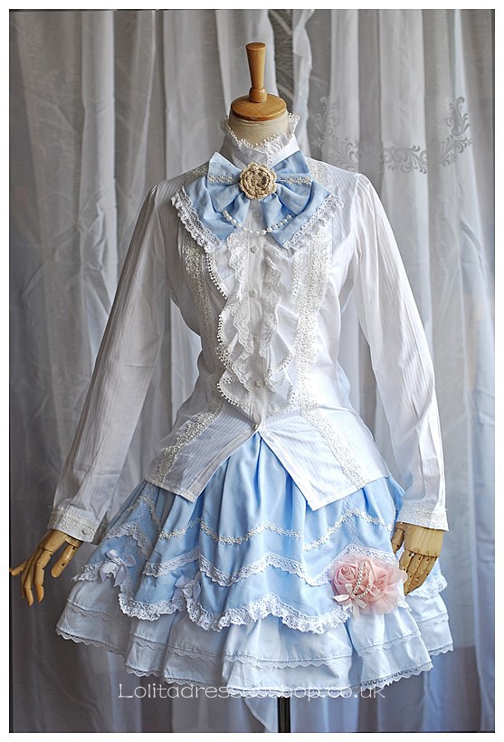 White Stand Collar Long Sleeve Ruffle and Lace Trim Princess Lol