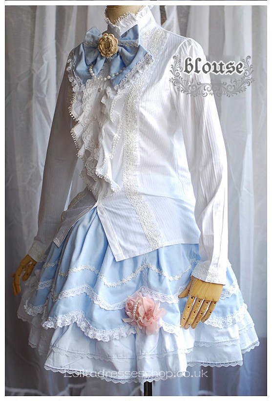 White Stand Collar Long Sleeve Ruffle and Lace Trim Princess Lol