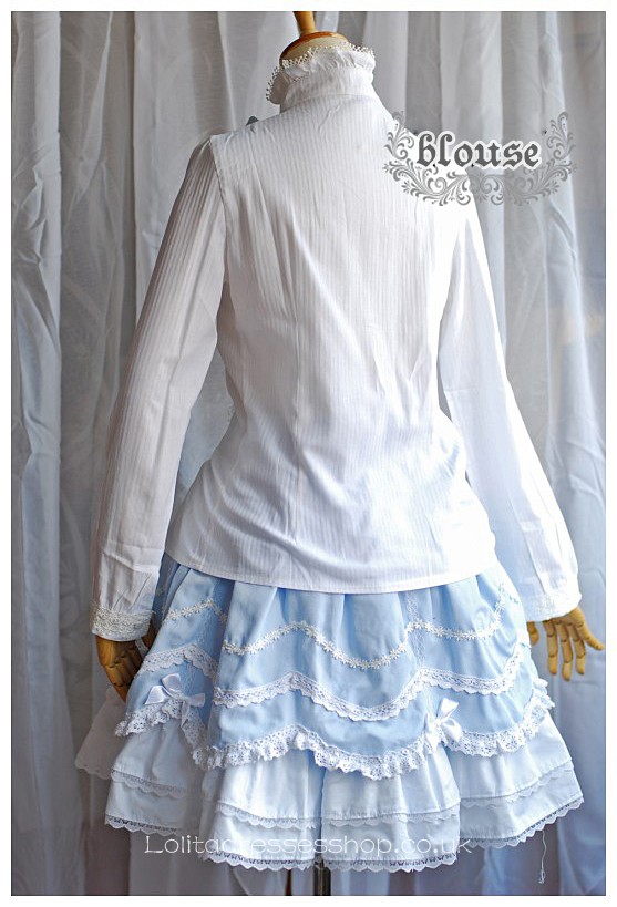 White Stand Collar Long Sleeve Ruffle and Lace Trim Princess Lol