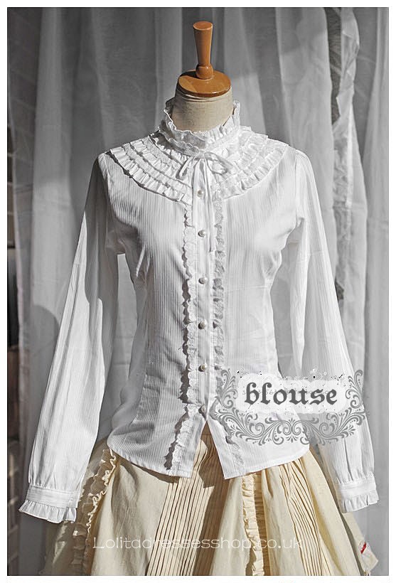 White Stand Collar Long Sleeve Ruffle Princess Lolita Blouse