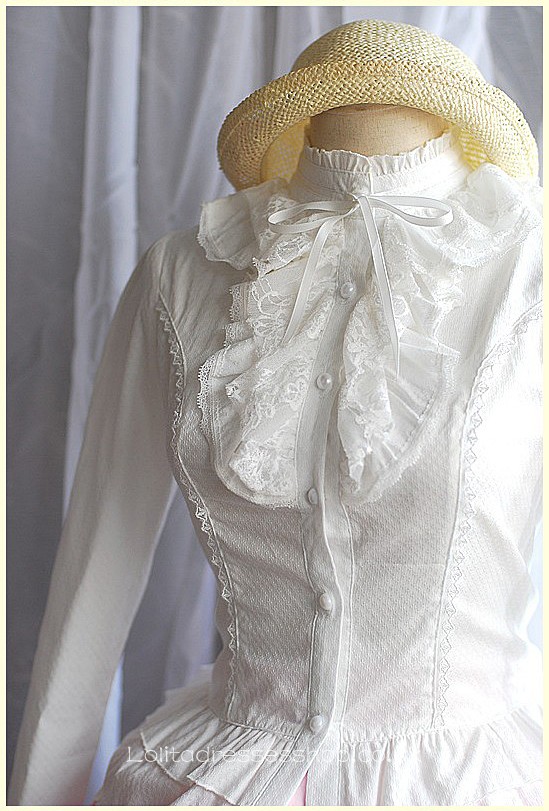 White Stand Collar Long Sleeve Bowknot and Ruffle Princess Lolit