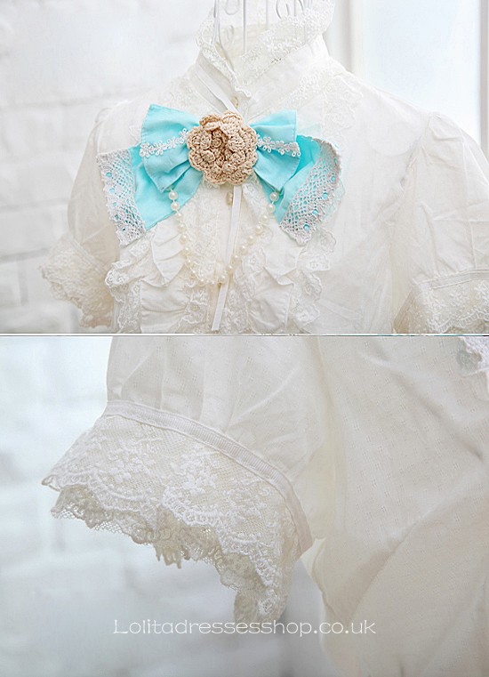 White Stand Collar Short Sleeve Bowknot and Lace Trim Princess L