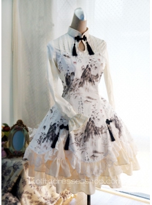 Lolita Cotton Chinese Style Landscape Print Fold Tassel Flounced Stand Collar Long Sleeve Dress