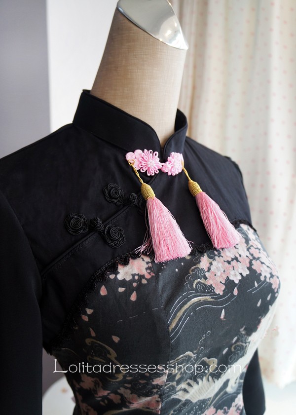Lolita Cotton Chinese Style Print Tassel Bow Flounced Seventh Sleeve Stand Collar Dress