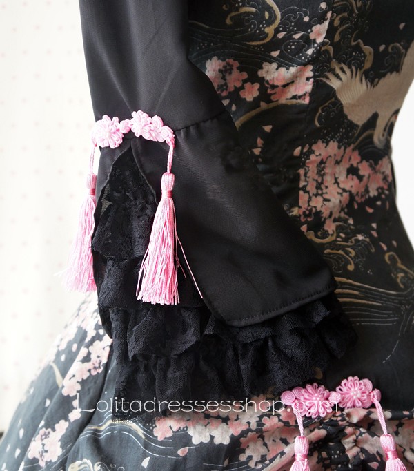 Lolita Cotton Chinese Style Print Tassel Bow Flounced Seventh Sleeve Stand Collar Dress