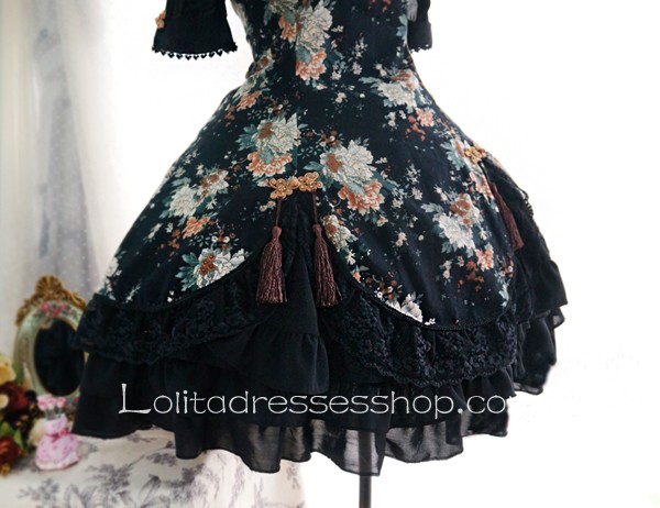 Lolita Cotton Chinese Style Print Tassel Bow Flounced Stand Collar Short-sleeved Dress