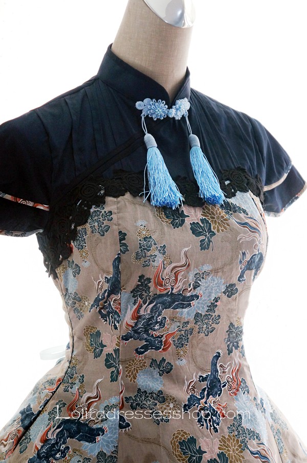 Lolita Cotton Chinese Style Print Fold Tassel Flounced Stand Collar Feifei Sleeve Dress