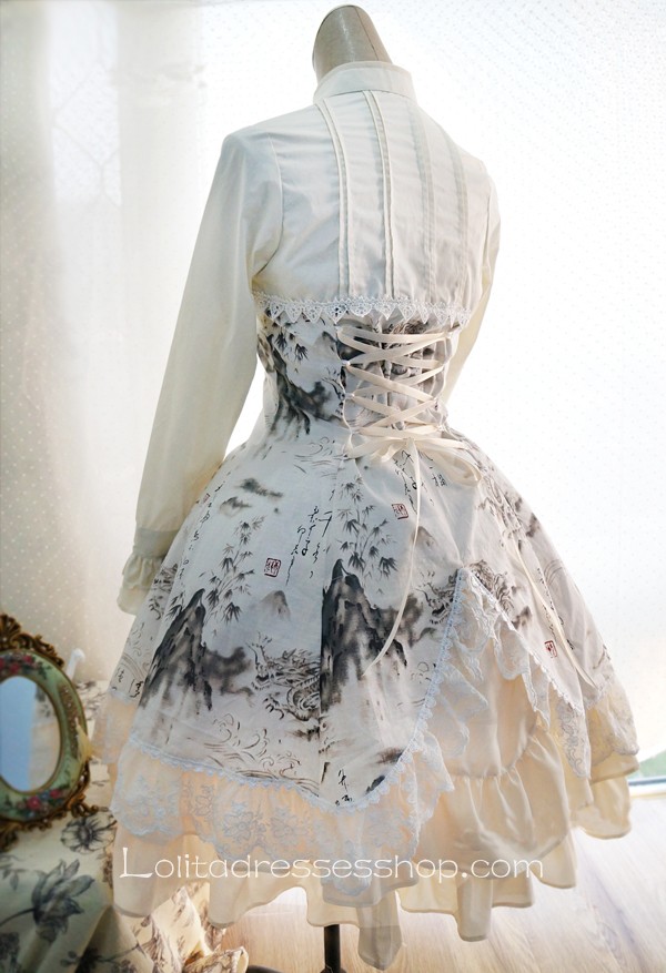 Lolita Cotton Chinese Style Landscape Print Fold Tassel Flounced Stand Collar Long Sleeve Dress