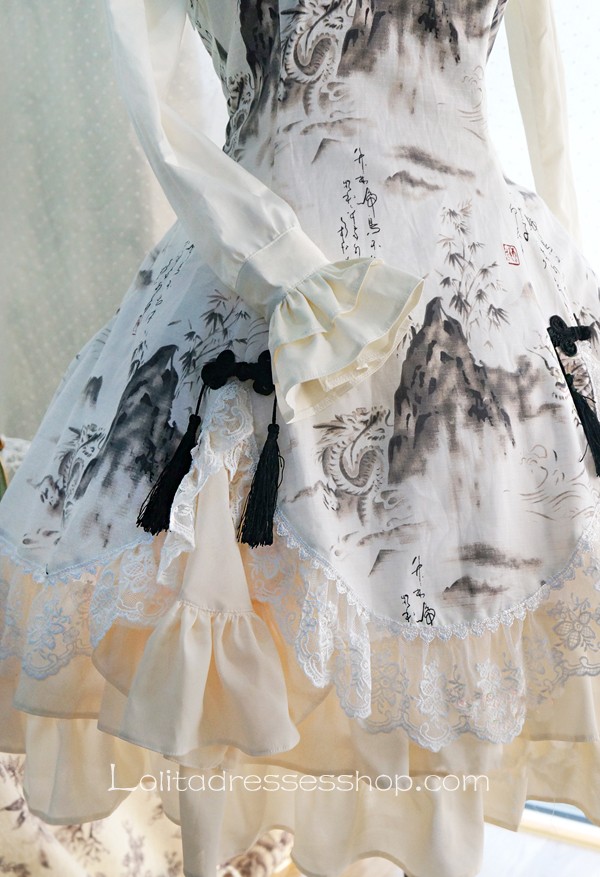 Lolita Cotton Chinese Style Landscape Print Fold Tassel Flounced Stand Collar Long Sleeve Dress