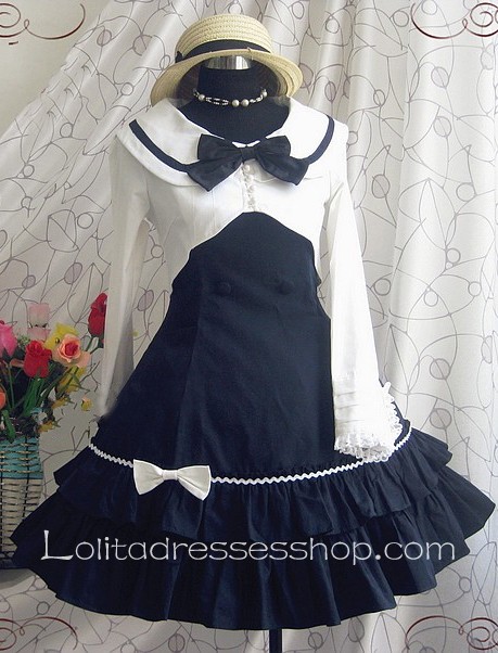 Navy College Wind Slim Bow Princess Dress