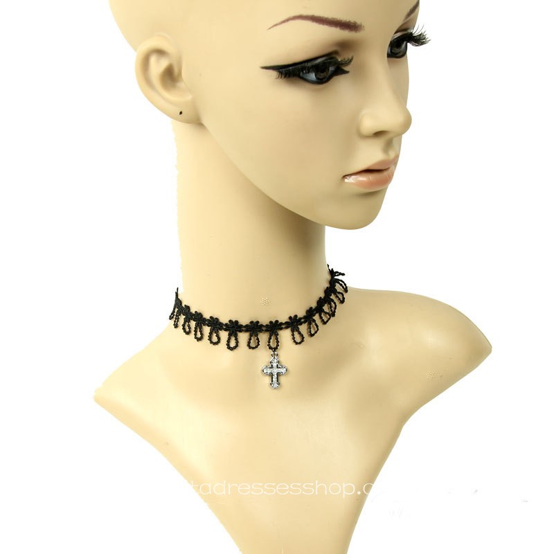 Black Cross Vampire Lace Women Short Necklace