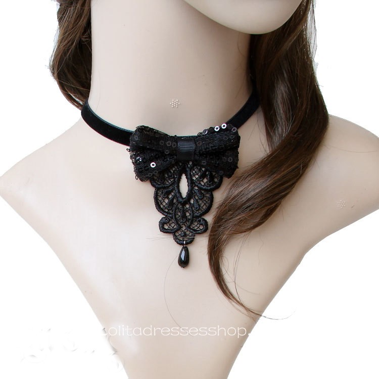 Gothic Lolita Black Lace Bow Necklace