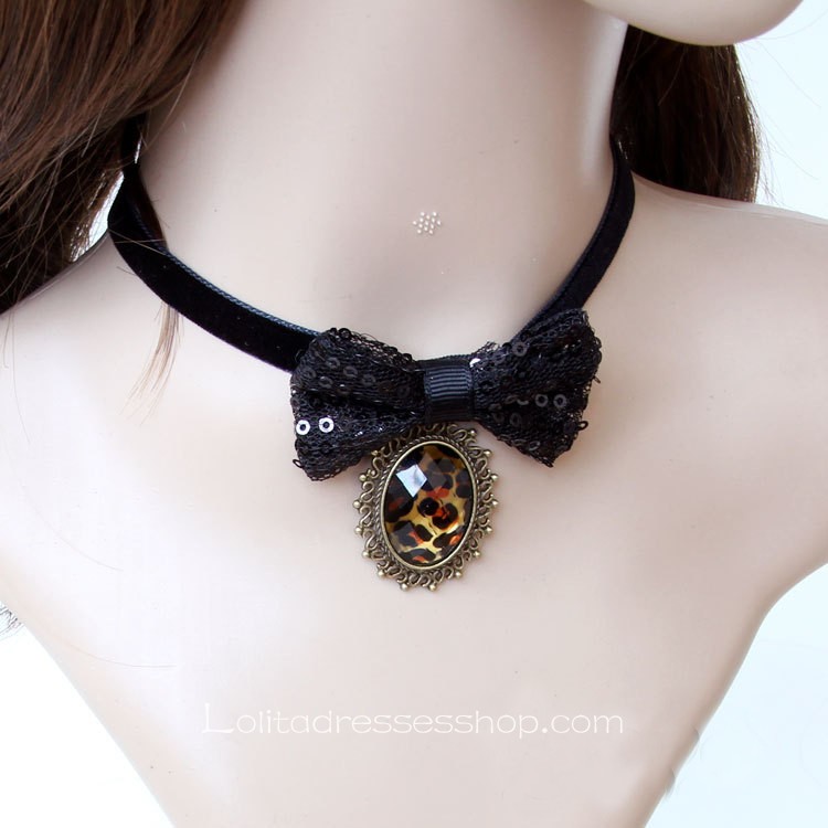 Lolita Black Bow Leopard Pendant Female Short Necklace