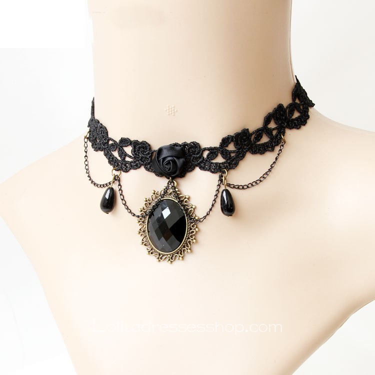 Lolita Black Lace Gemstone Flower Necklace