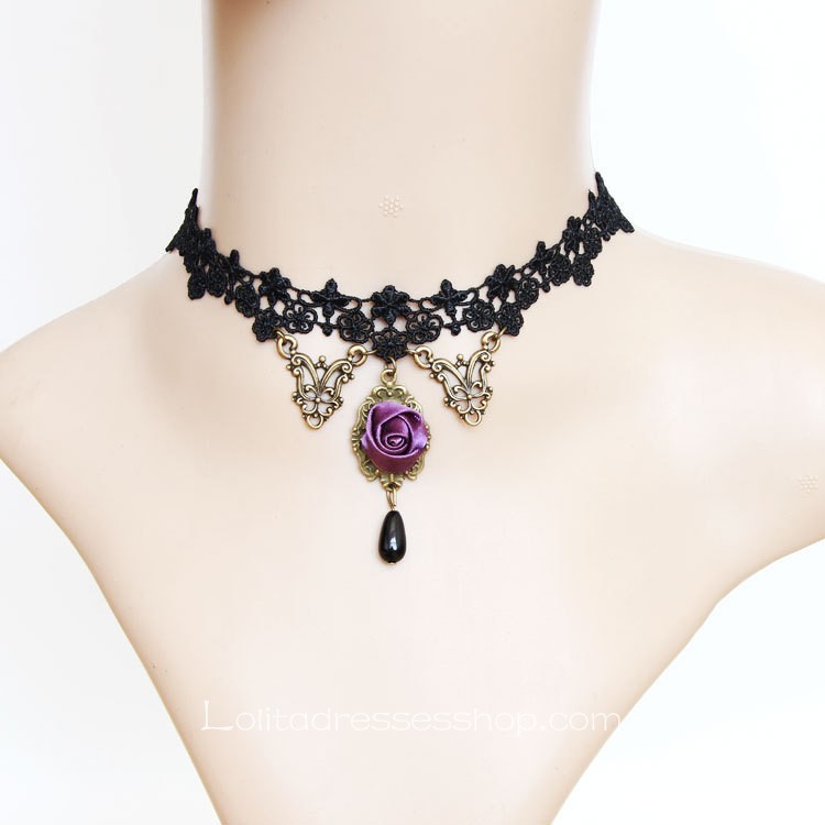 Lolita Fashion Retro Black Lace Flower Pendant Necklace