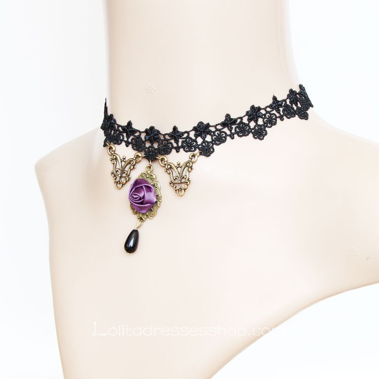 Lolita Fashion Retro Black Lace Flower Pendant Necklace