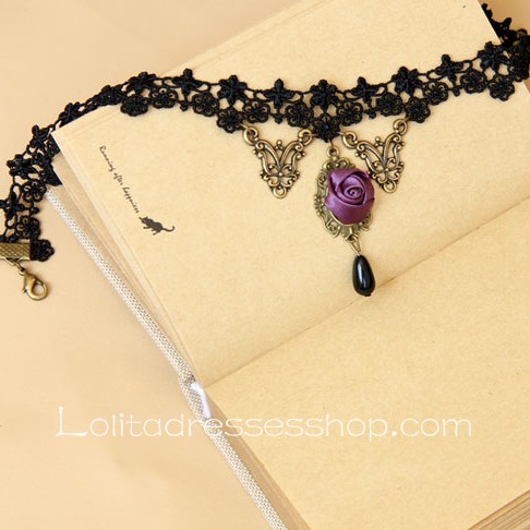 Lolita Fashion Retro Black Lace Flower Pendant Necklace