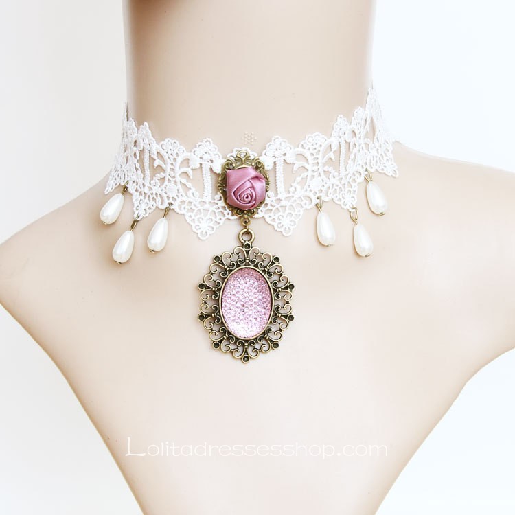 Lolita Fairy White Lace Gemstone Flower Necklace