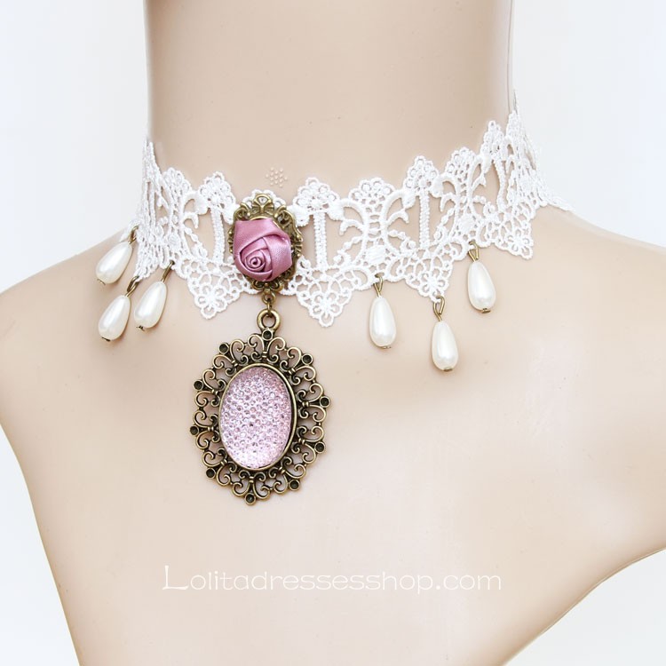 Lolita Fairy White Lace Gemstone Flower Necklace