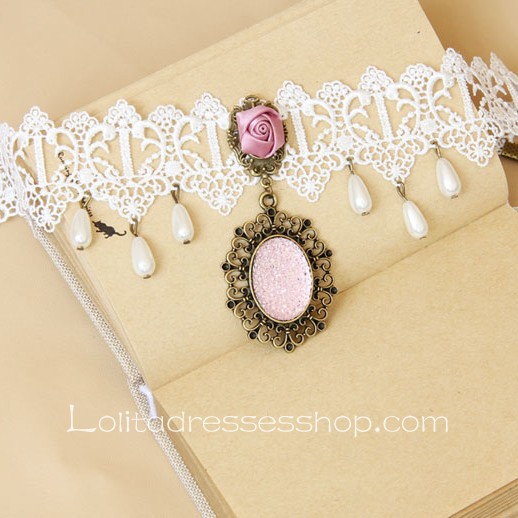 Lolita Fairy White Lace Gemstone Flower Necklace