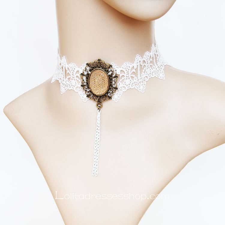 Lolita White Gemstone Louvre Opera Lace Nnecklace