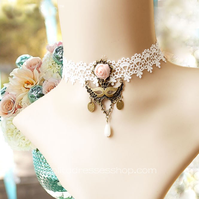 Lolita Masked Queen Vintage Lace White Flower Necklace