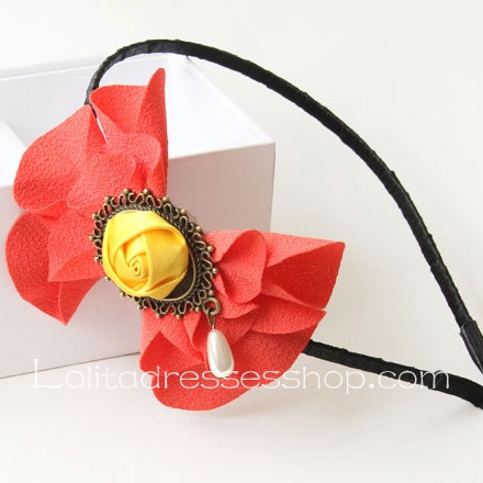 Lolita Headdress Red Retro Bow Flower Headband