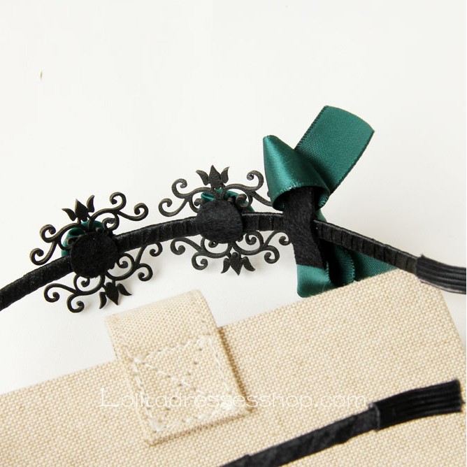 Lolita Headdress Roses Dark Green Retro Bow Headband