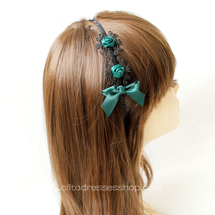 Lolita Headdress Roses Dark Green Retro Bow Headband