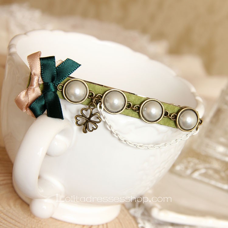 Lolita Headdress Clover Retro Lady Pearl Bow Barrette