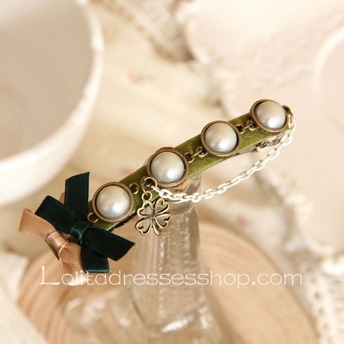 Lolita Headdress Clover Retro Lady Pearl Bow Barrette