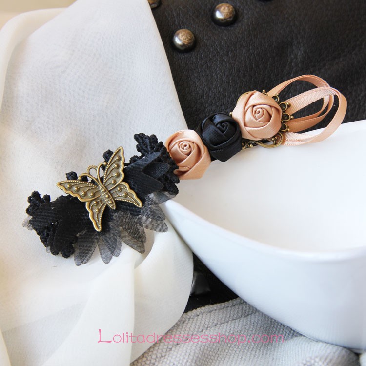 Lolita Headdress Black Butterfly Lace Flowers Barrette