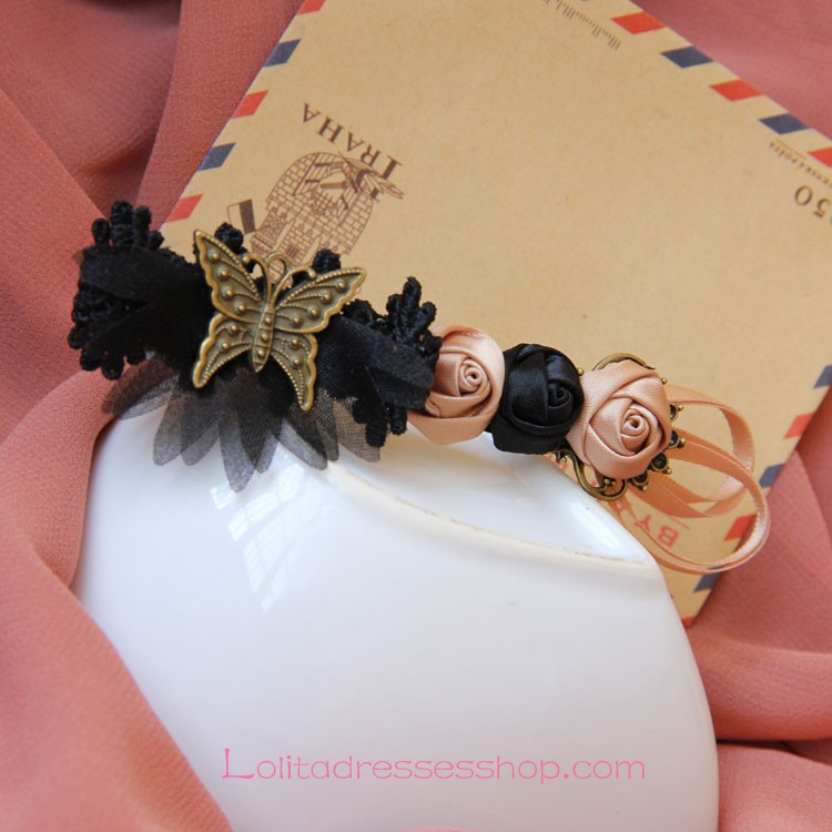 Lolita Headdress Black Butterfly Lace Flowers Barrette