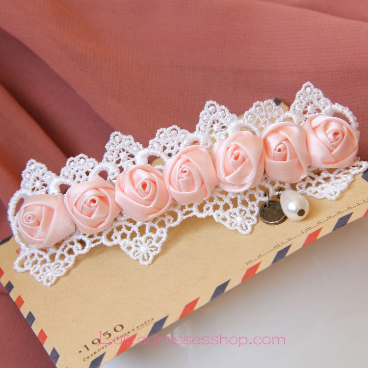 Lolita Headdress Bridal Lace Vintage Pink Roses Barrette