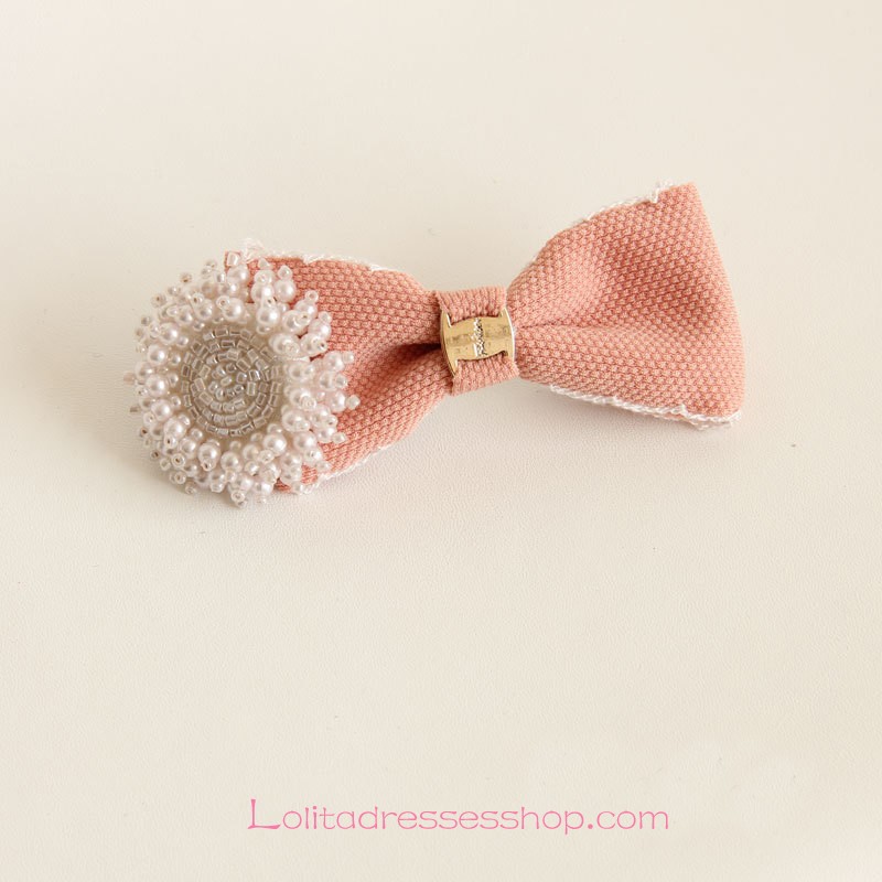 Lolita Headdress Delicate Pink Pearl Beaded Bow Barrette