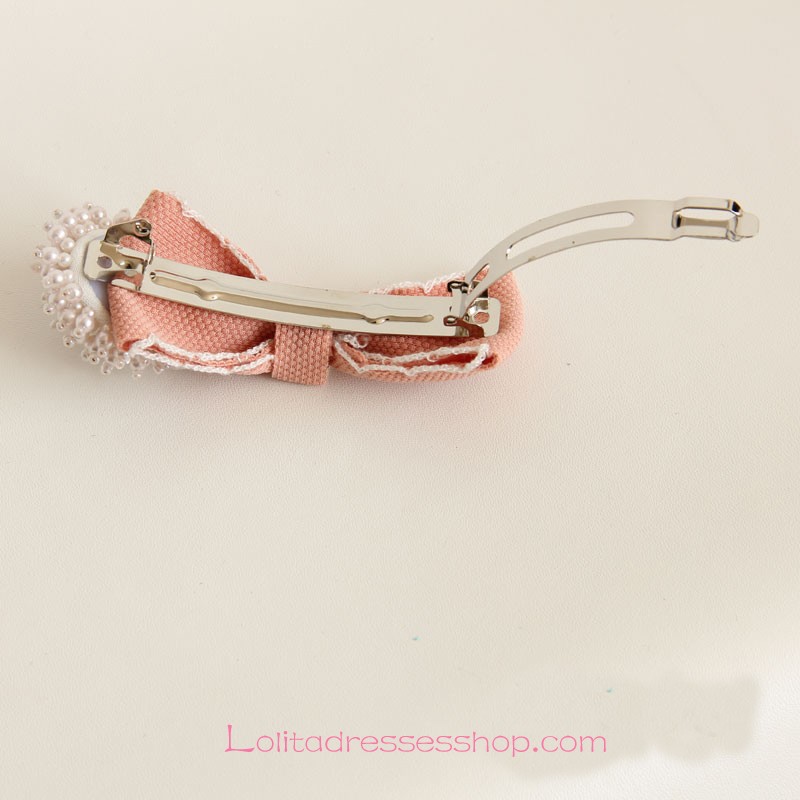 Lolita Headdress Delicate Pink Pearl Beaded Bow Barrette