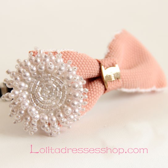 Lolita Headdress Delicate Pink Pearl Beaded Bow Barrette