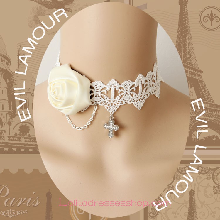 Lolita White Rose Chain Lace White Wedding Necklace